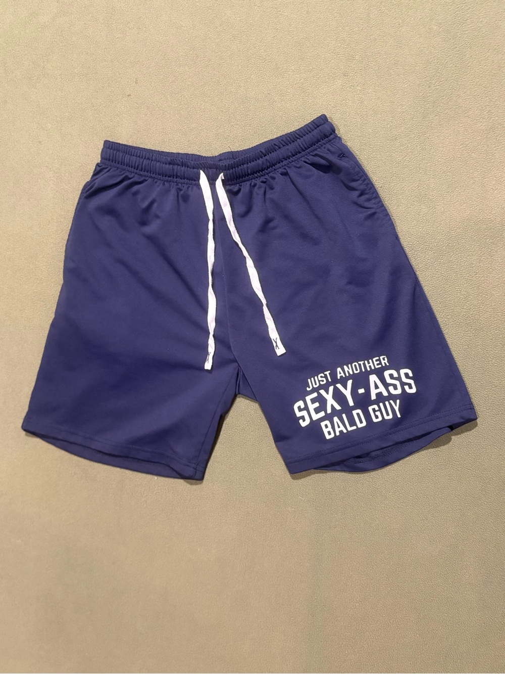 Navy Men's Casual Drawstring Shorts - 'Sexy-Ass Bald Guy' Graphic